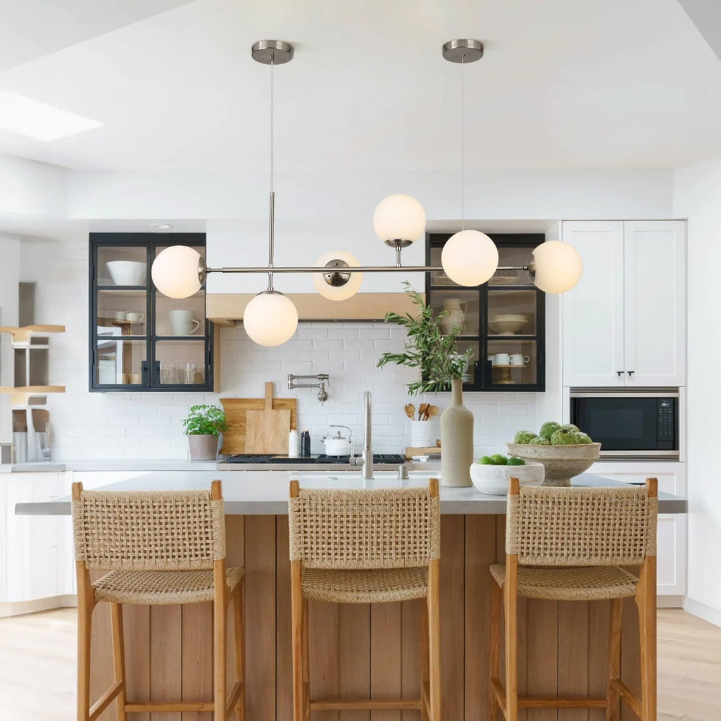 Modern Ceiling Pendant Lighting, Mid-Century Glass Globes Pendant Lamp, LED 6-Light Hanging Adjustable Chandelier for Kitchen Island Living Dining Room (Silver+Clear) D6730