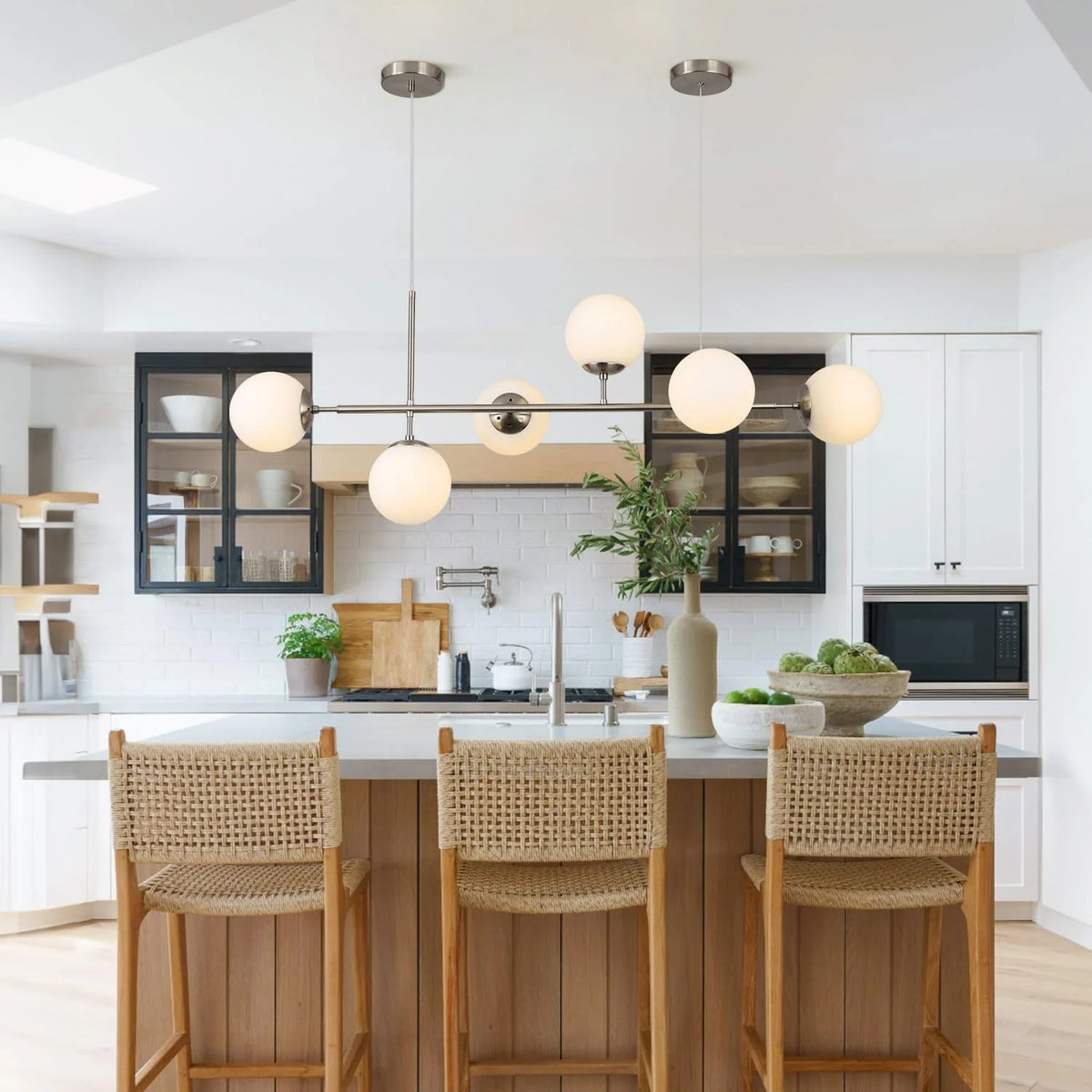 Modern Ceiling Pendant Lighting, Mid-Century Glass Globes Pendant Lamp, LED 6-Light Hanging Adjustable Chandelier for Kitchen Island Living Dining Room (Silver+Clear) D6730