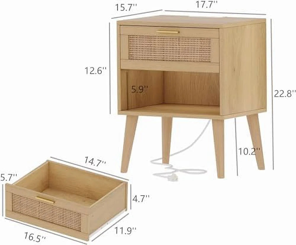 Rattan Nightstand with Charging Station 5 Drawers N4382