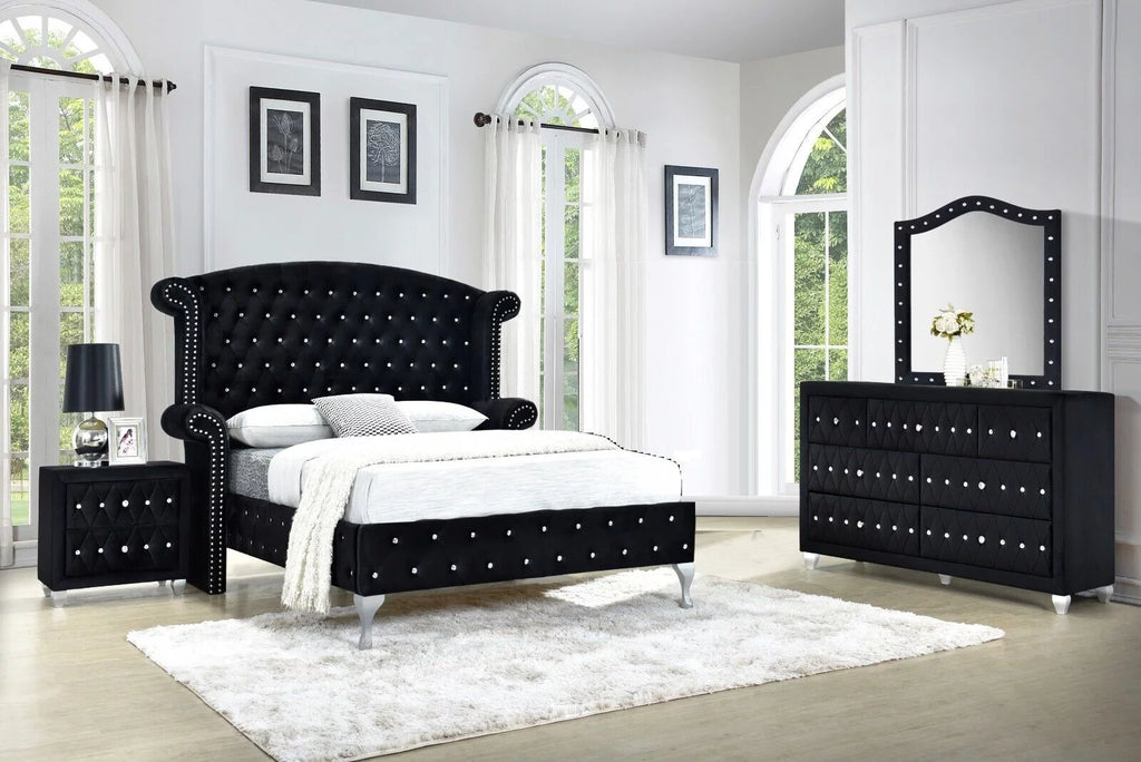 Black Velvet 4Pc Queen Size Bed Dresser Mirror Nightstand Set H8622