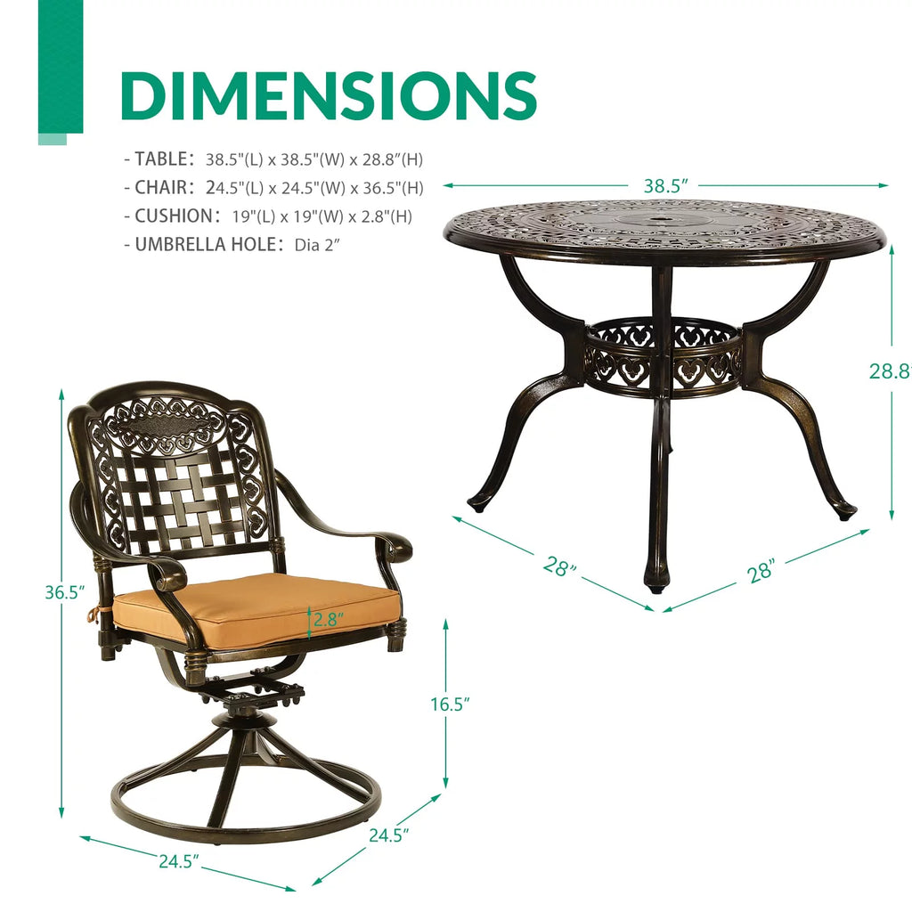 5-Piece Cast Aluminum Outdoor Patio Dining Set with 4 Swivel Chairs and Round Table A49358