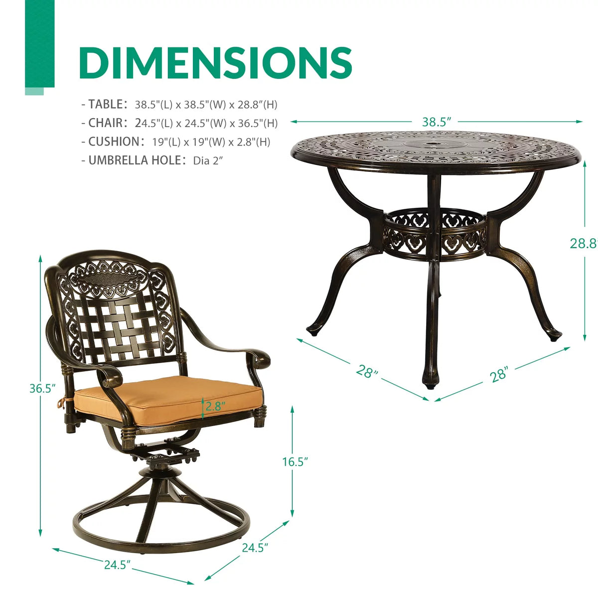 5-Piece Cast Aluminum Outdoor Patio Dining Set with 4 Swivel Chairs and Round Table A49358
