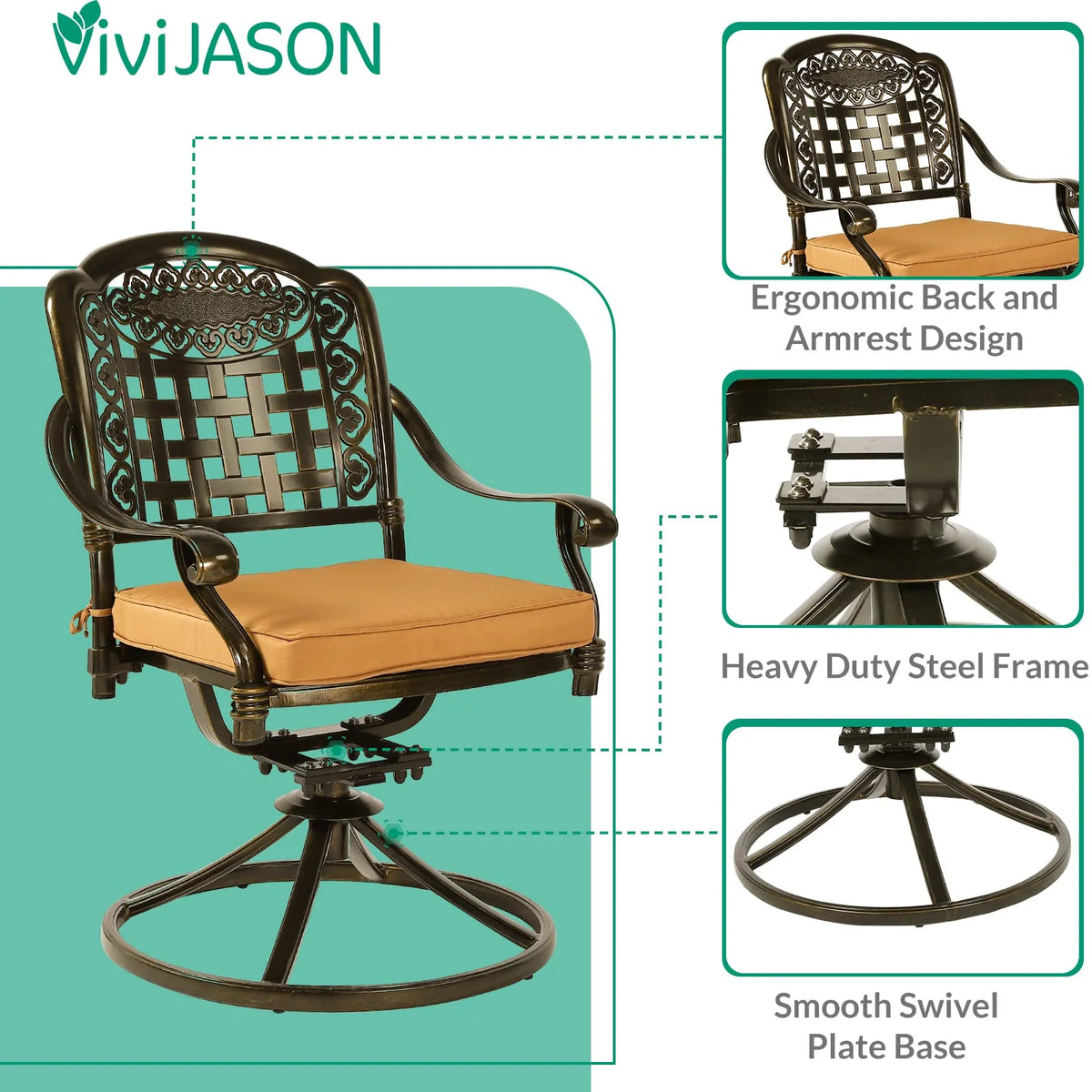 5-Piece Cast Aluminum Outdoor Patio Dining Set with 4 Swivel Chairs and Round Table A49358