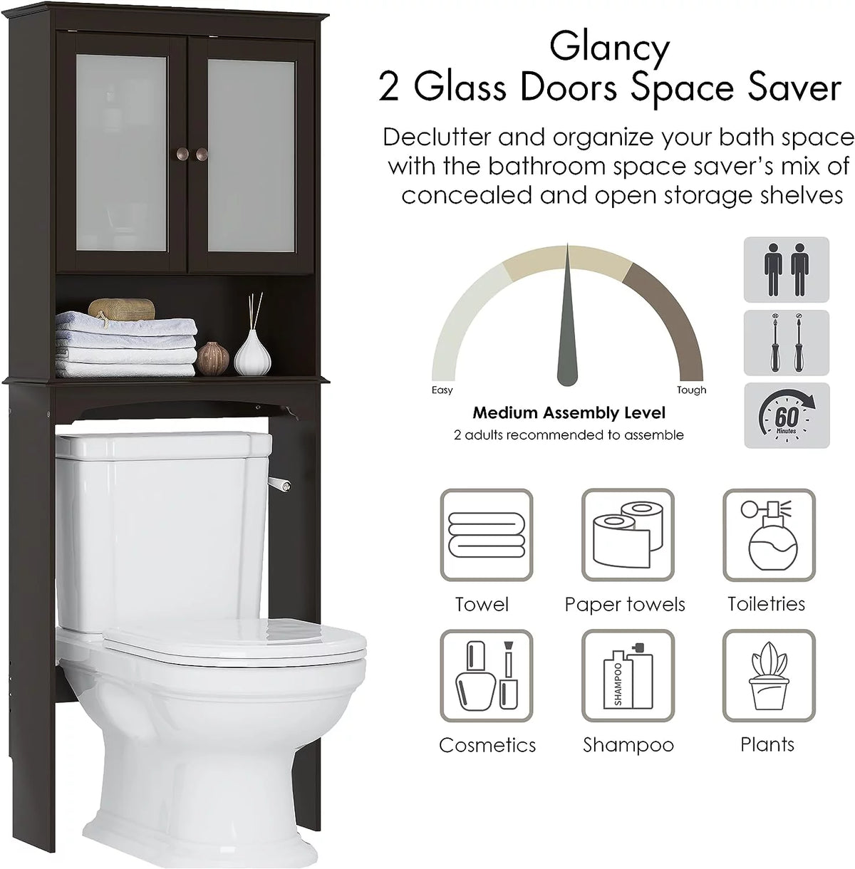 Over The Toilet Storage Cabinet with Glass Doors W3660