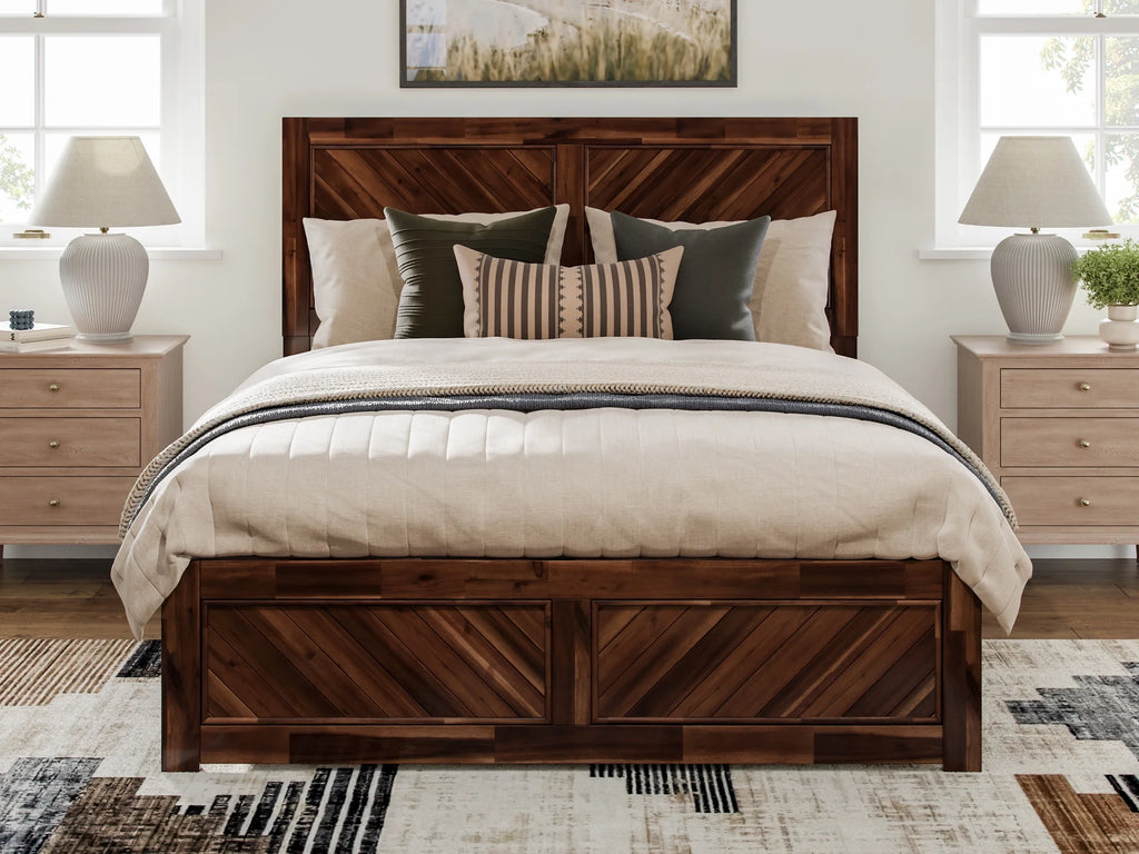 Queen Solid Wood Low Profile Platform Bed with Footboard, Walnut Y61264