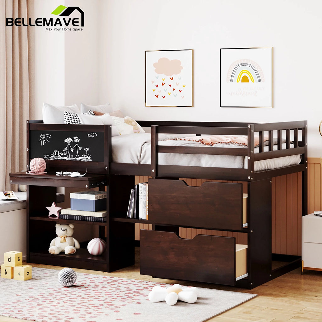 Twin Size Loft Bed with Rolling Desk, Storage Shelves and Chalkboard X658862