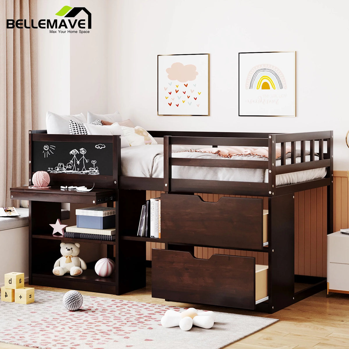 Twin Size Loft Bed with Rolling Desk, Storage Shelves and Chalkboard X658862