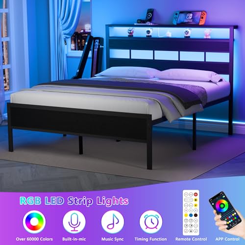 Full Size Black Oak Bed Frame with Storage Headboard and Charging Station P916