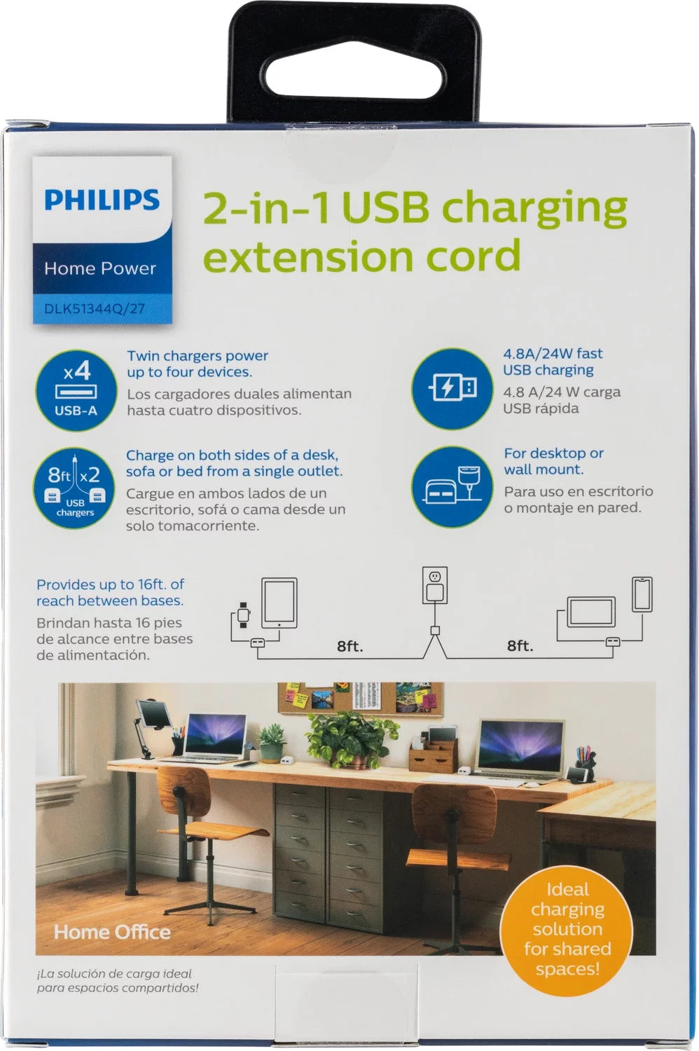 Twin USB Tabletop Charger, 4 USB-A Ports, 8ft Split Cord, White L267