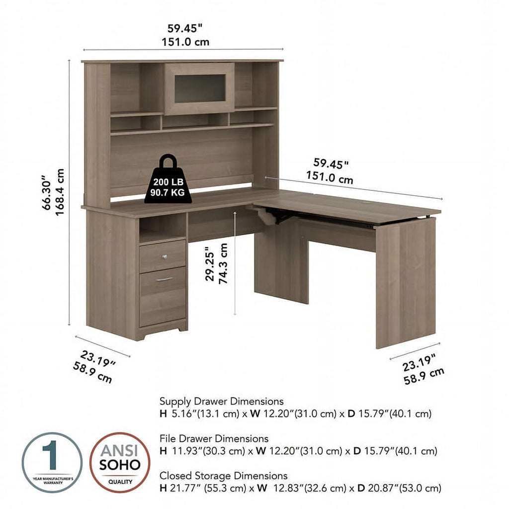 Ash Gray Engineered Wood Sit to Stand L Desk with Hutch T6784