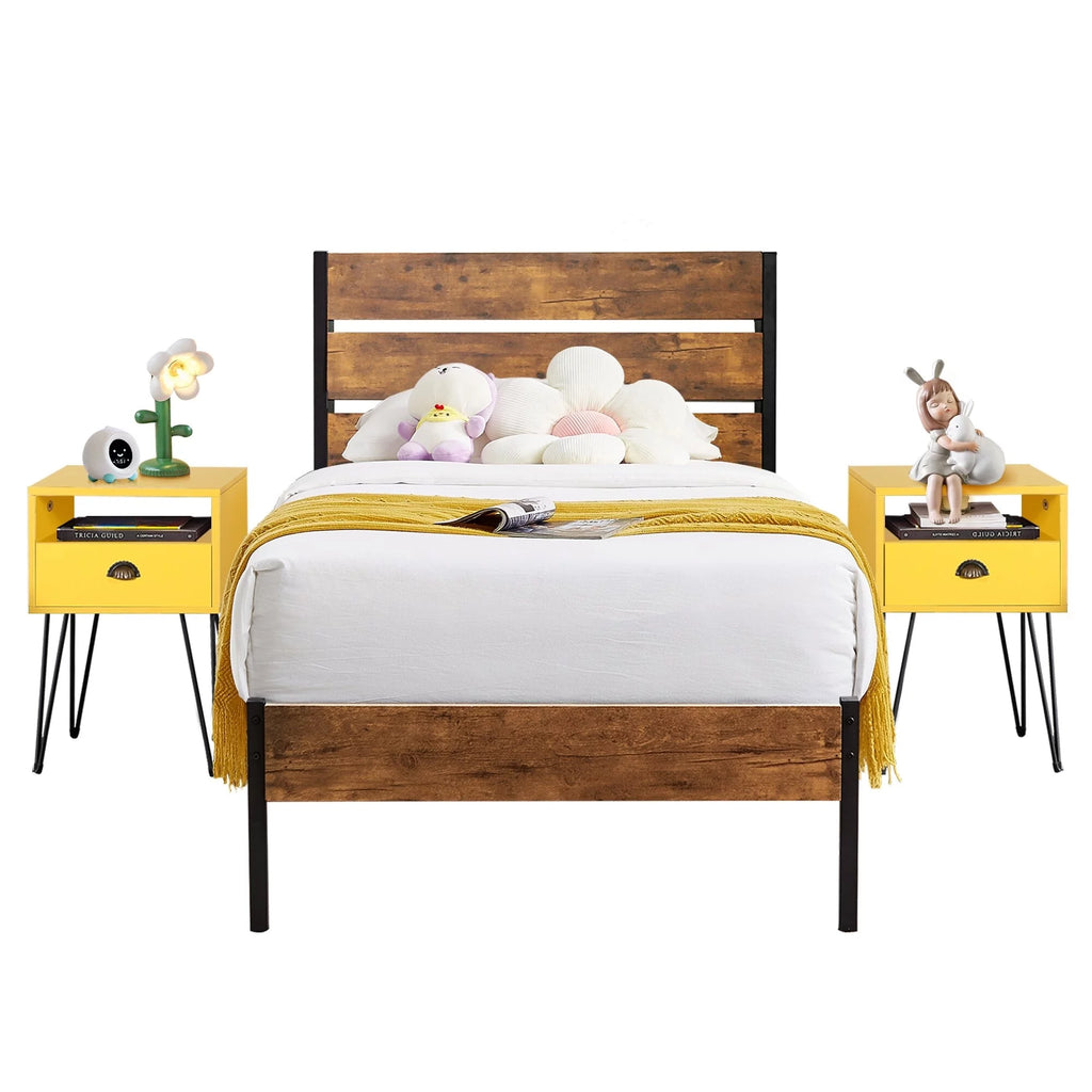 Rustic Brown Platform Bed Frame and Yellow Nightstands Set of 2 P4942