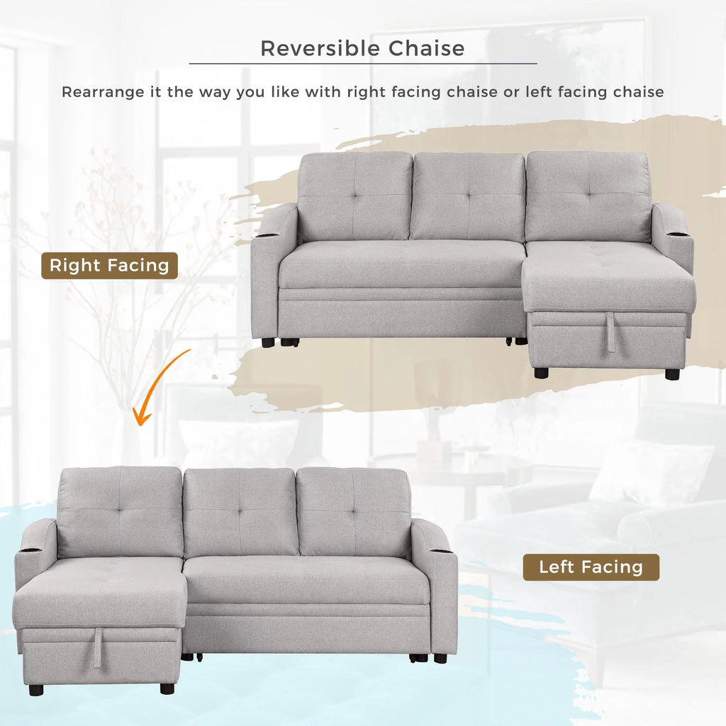 Gray Velvet L-Shape Sectional Sofa with Pull-Out Sleeper J887