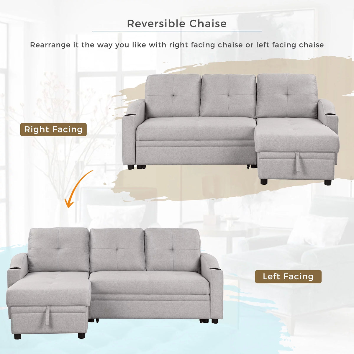Gray Velvet L-Shape Sectional Sofa with Pull-Out Sleeper J887