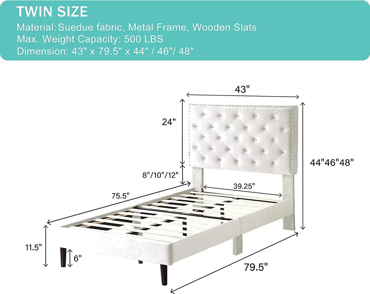 Beige Twin Upholstered Platform Bed Frame with Adjustable Headboard L174