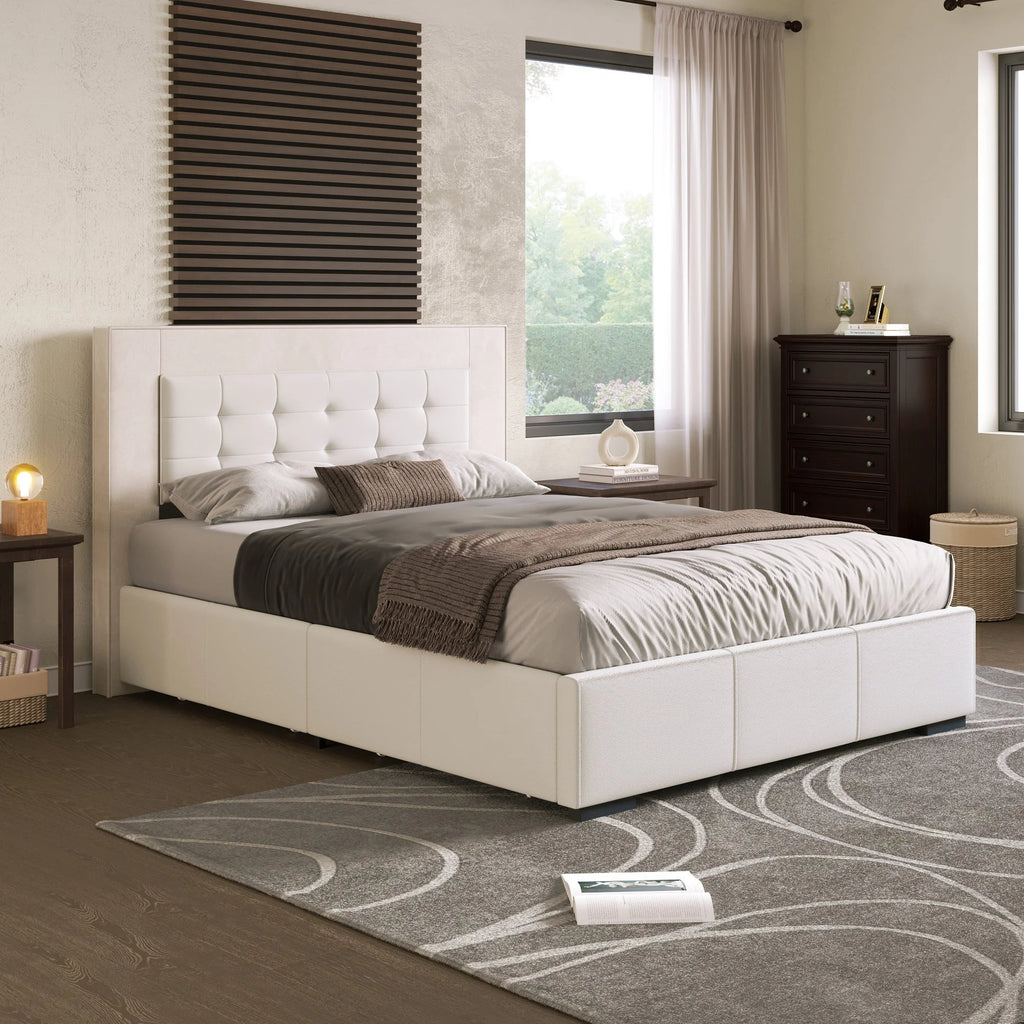 Queen Platform Bed Frame with Four Drawers Beige S9180