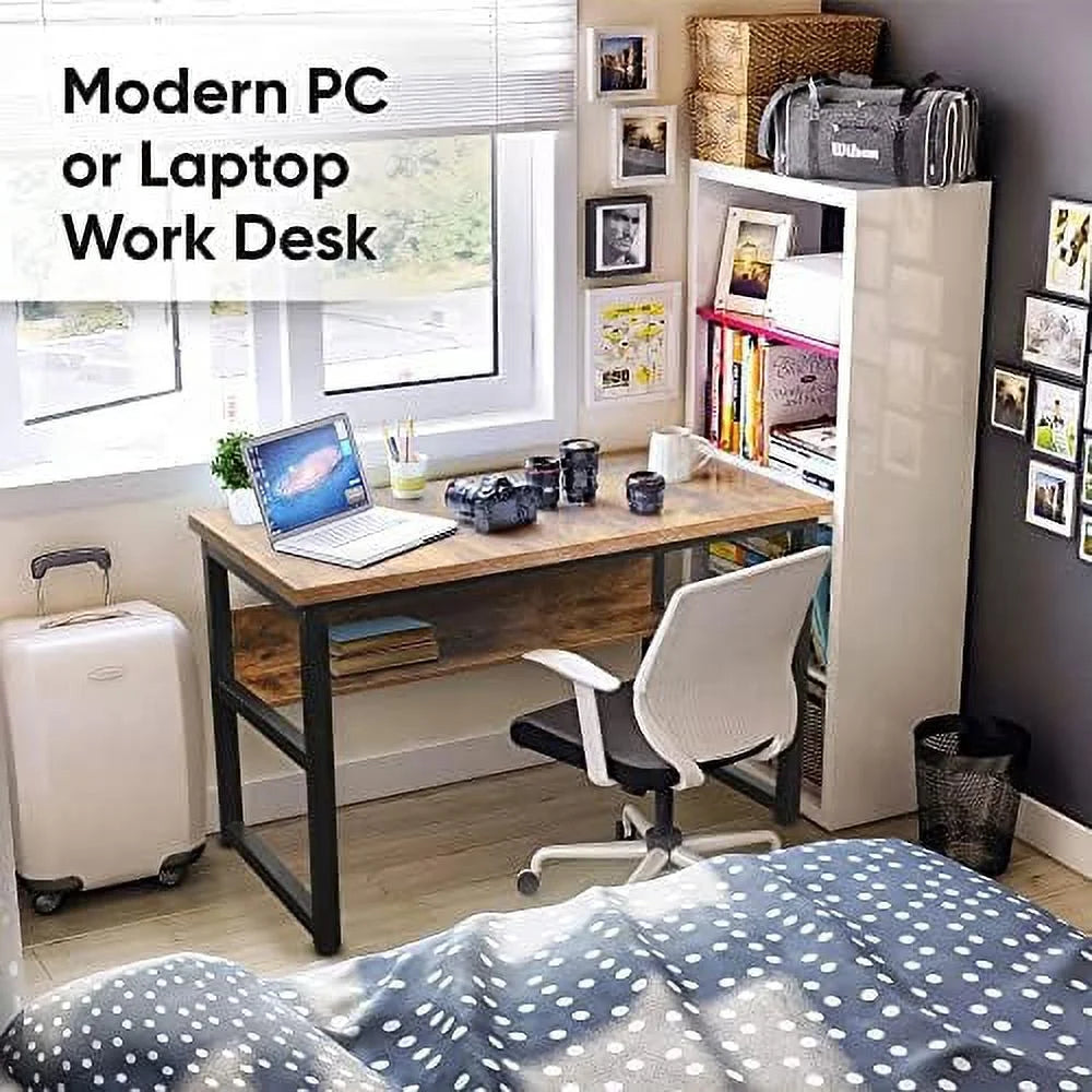 Computer Desk with Shelves 47 Inches Natural Wood Black Metal Frame Q628135