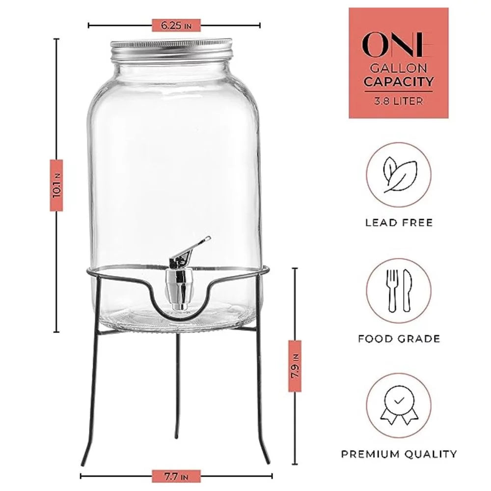 Clear Glass Beverage Dispenser with Spigot and Stand 1 Gallon G528