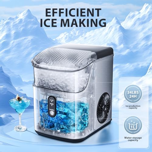 Countertop Ice Maker with Soft Chewable Pellet Ice, 34Lbs/24H, Self-Cleaning, Stainless Steel Silver Q1455
