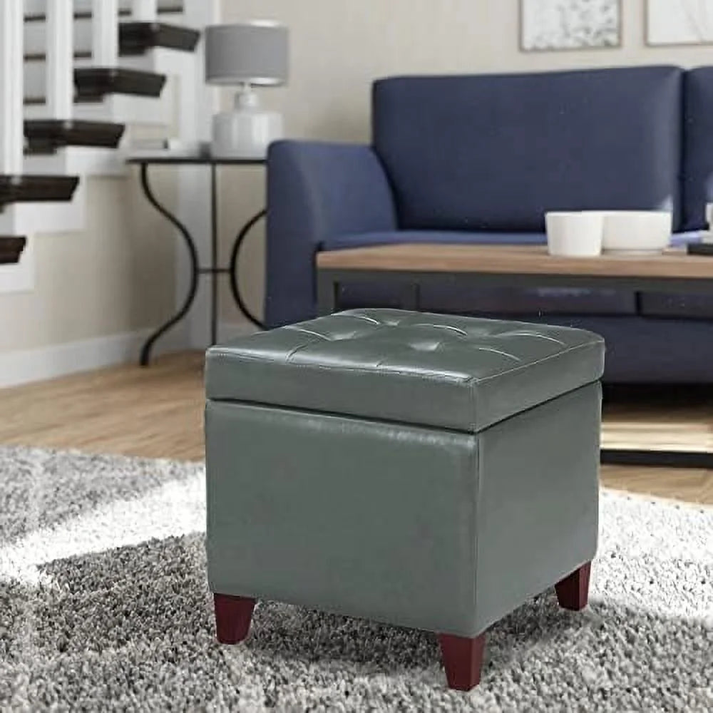 Tufted Leather Square Ottoman with Hinged Lid E12705