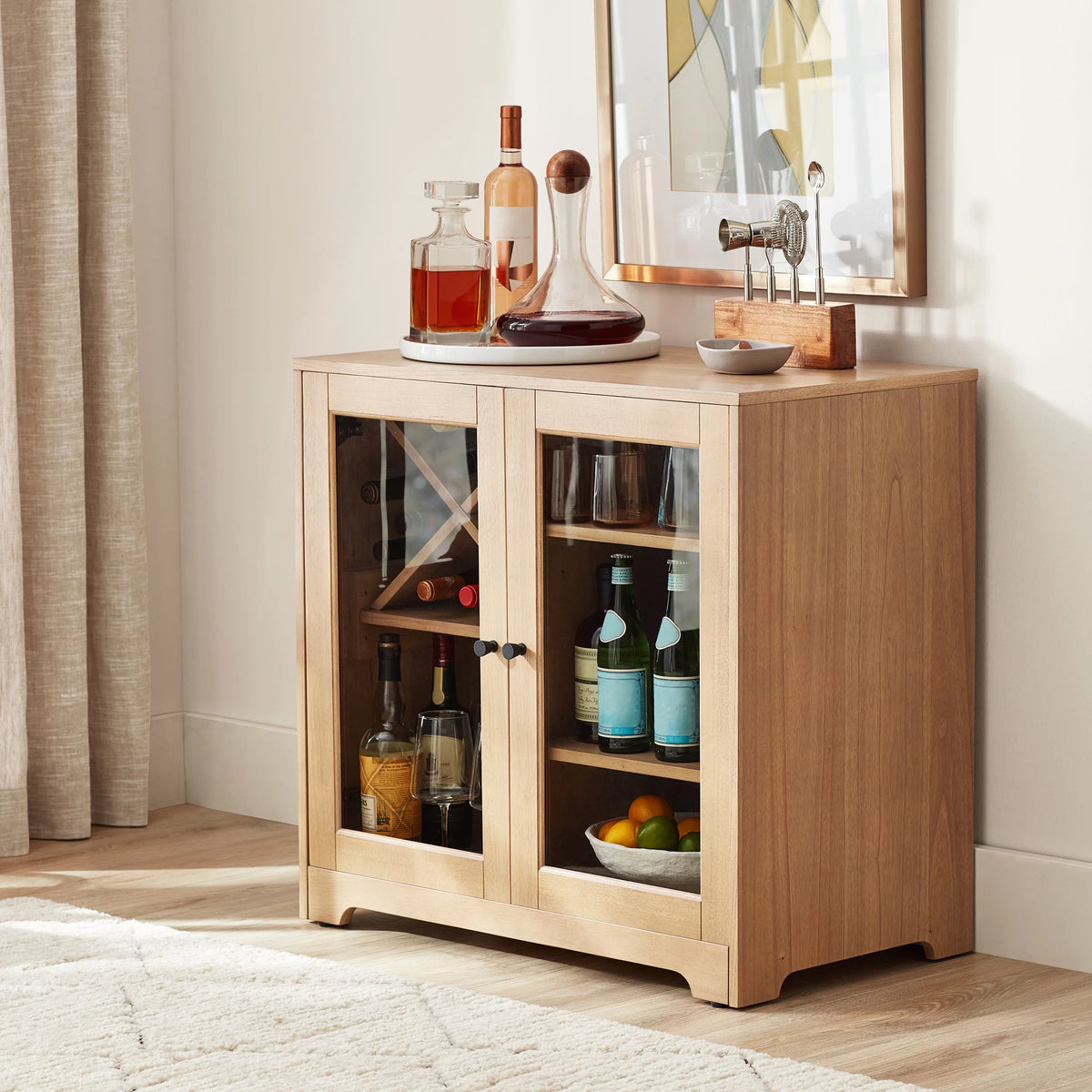 Natural Oak Bar Cabinet with Solid Wood Frame I68835