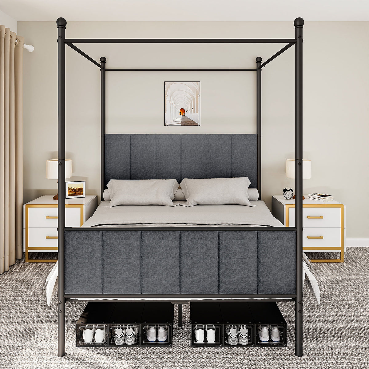 Queen Size Gray Metal Canopy Bed Frame with Headboard Z842685