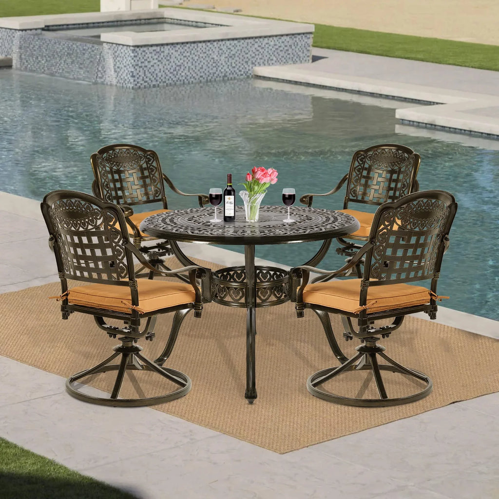 5-Piece Cast Aluminum Outdoor Patio Dining Set with 4 Swivel Chairs and Round Table A49358