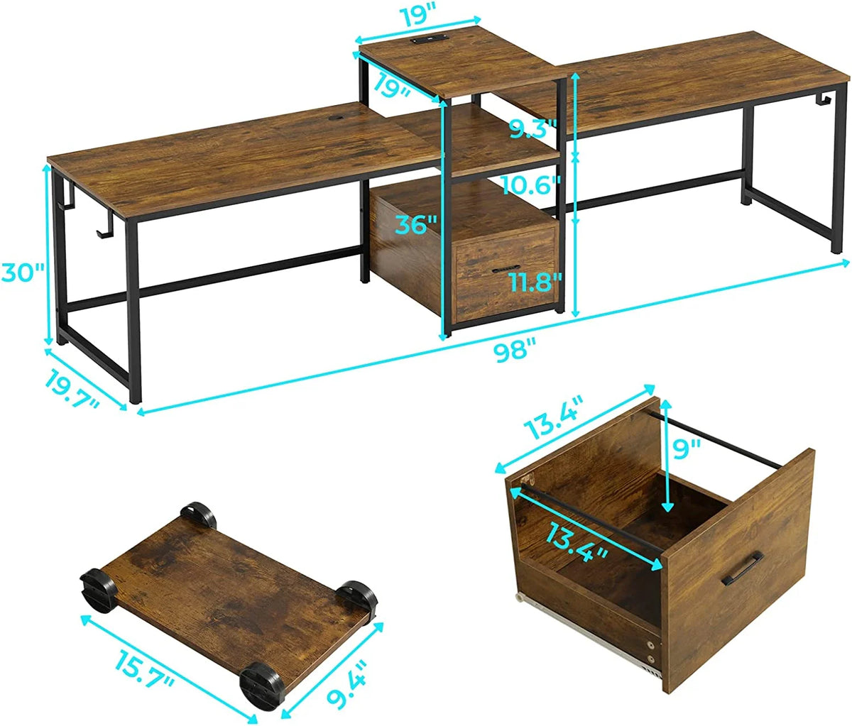 98" 2 Person Computer Desk with File Drawer & Power Strip H71257