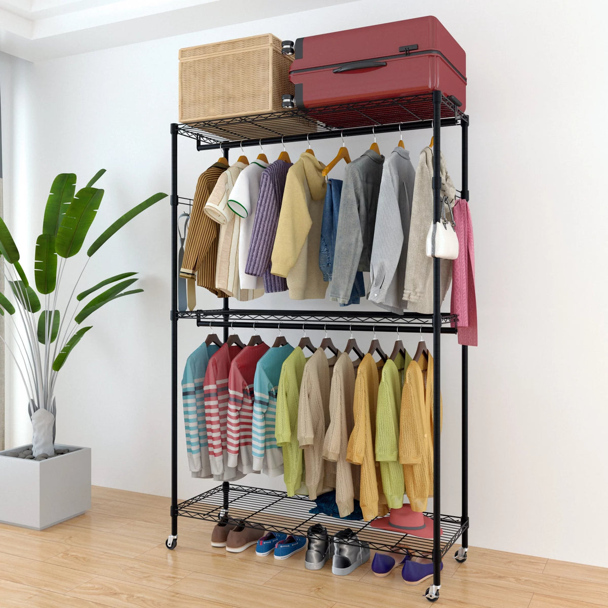Portable Double Rod Garment Rack with Adjustable Shelves & Wheels Black I787