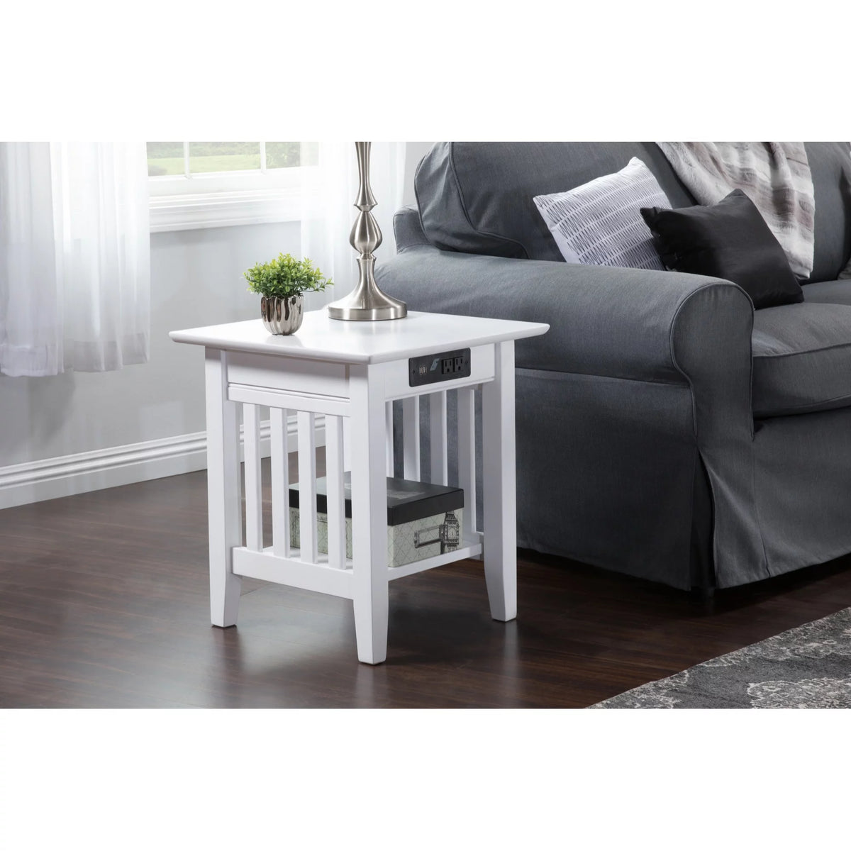 Solid Hardwood End Table with USB Charger Set of 2 White M3762