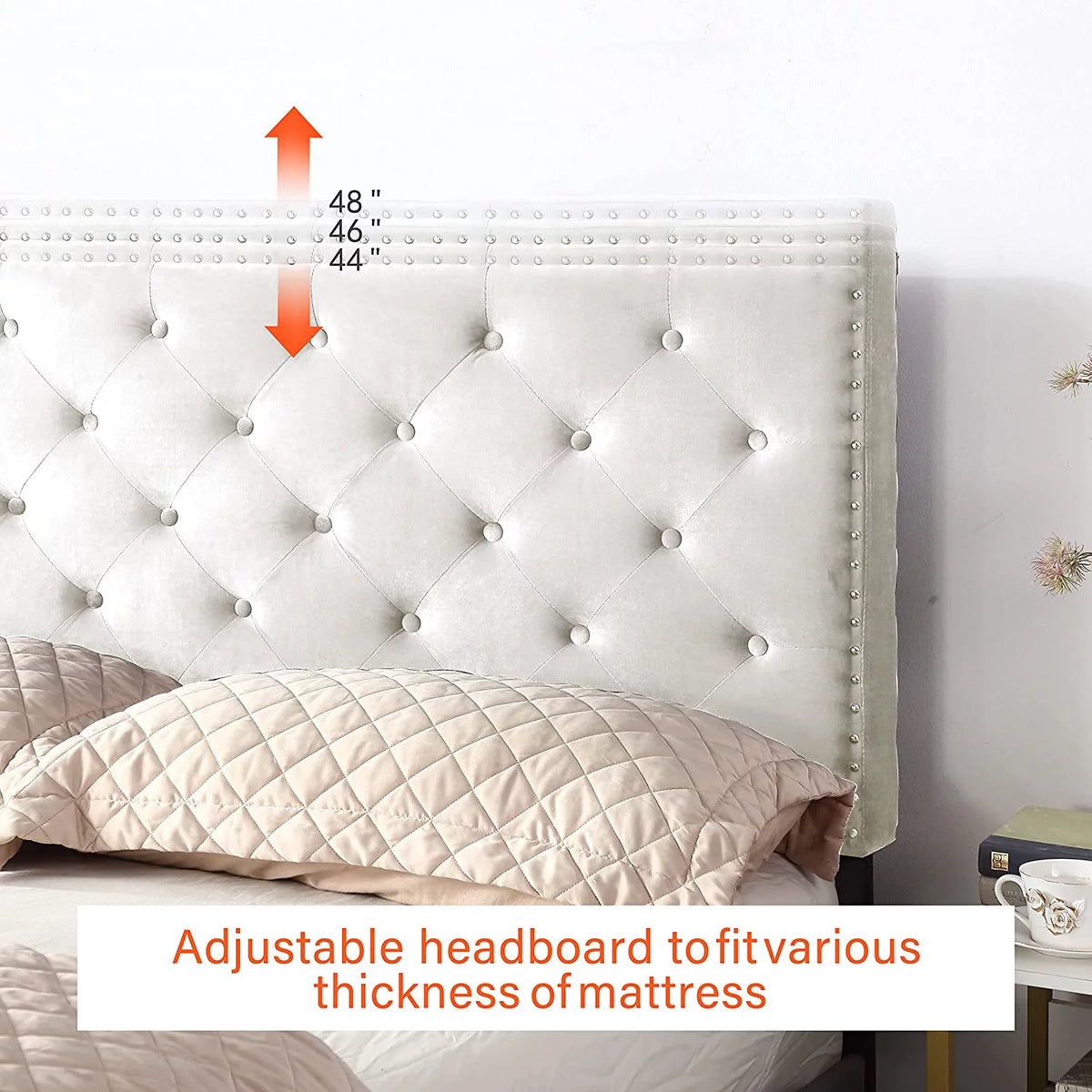 Beige Twin Upholstered Platform Bed Frame with Adjustable Headboard L174