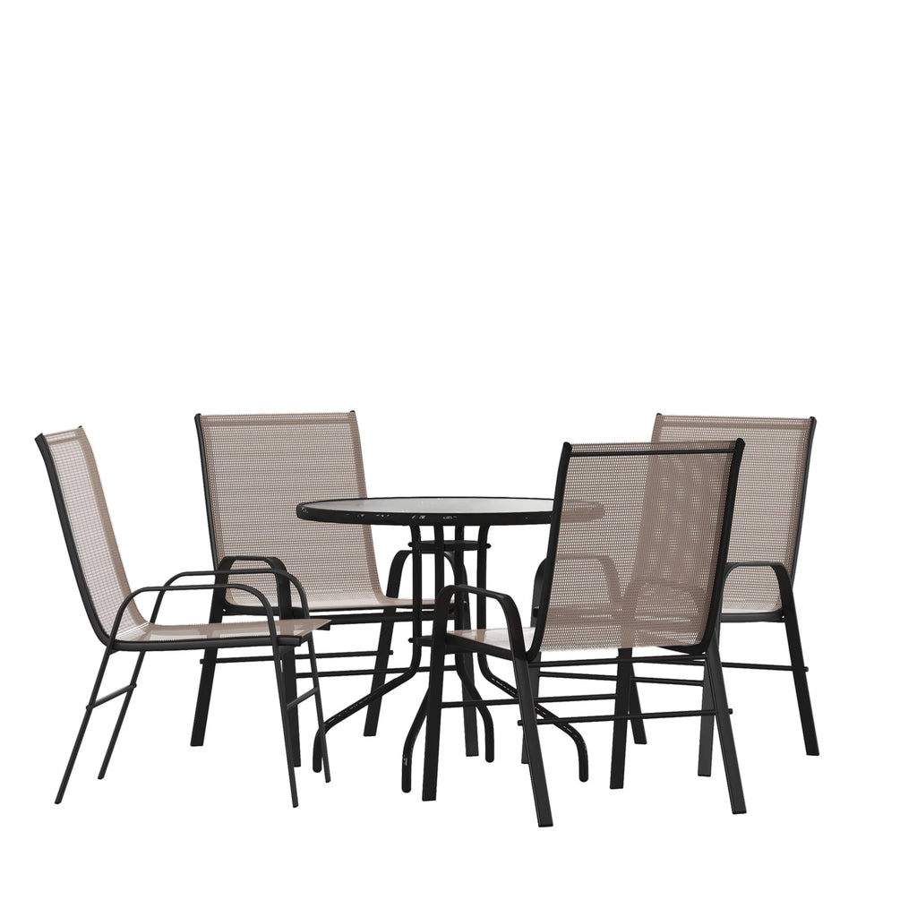 5 Piece Outdoor Patio Dining Set with 4 Brown Stack Chairs F1422