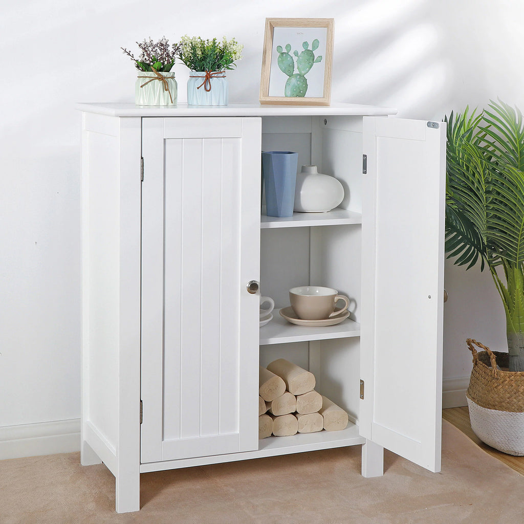 2-Door White Bathroom Floor Storage Cabinet with Adjustable Shelves T613763