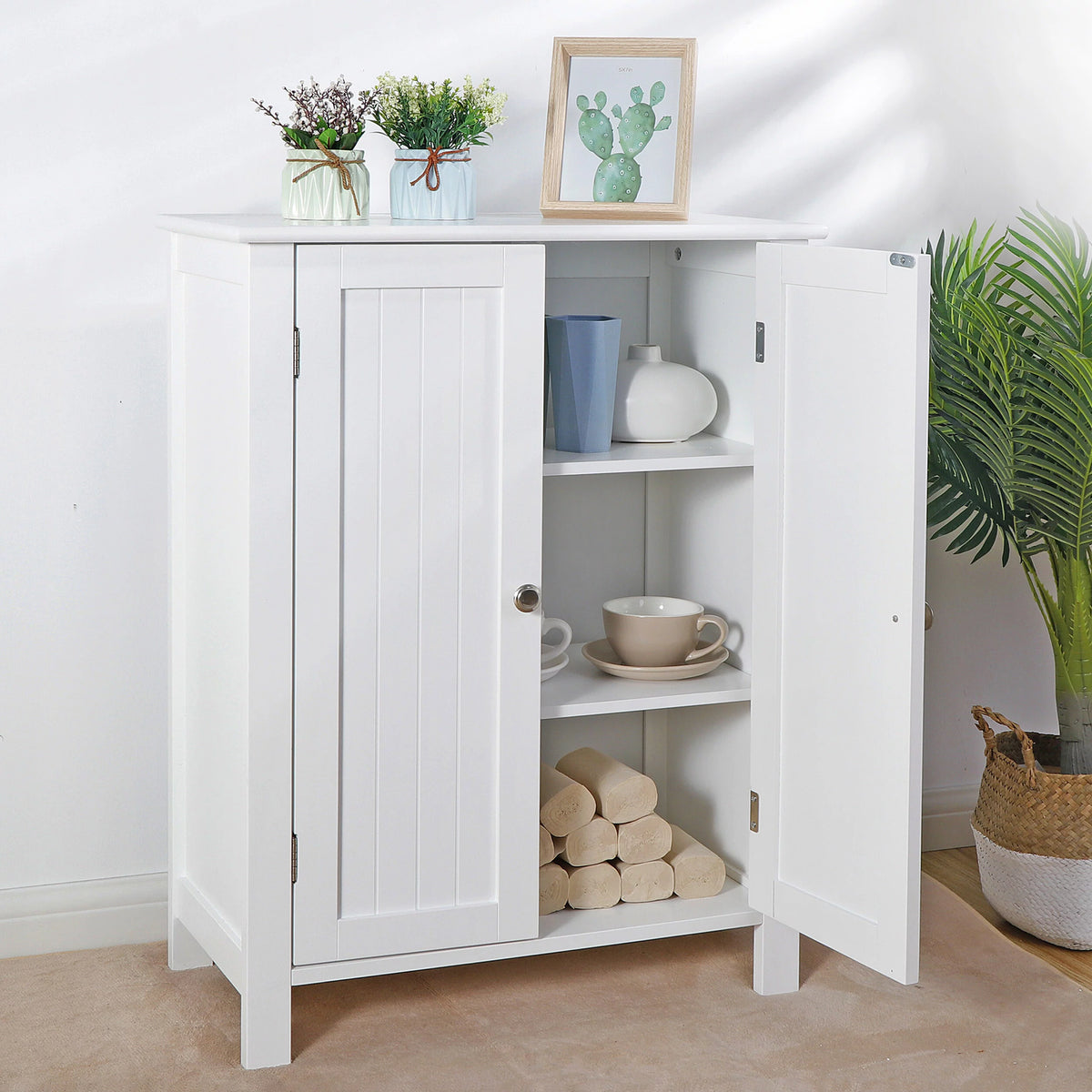 2-Door White Bathroom Floor Storage Cabinet with Adjustable Shelves T613763