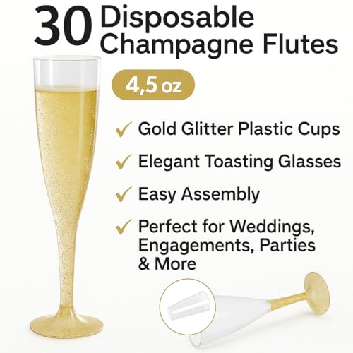 4.5 oz Gold Glitter Disposable Champagne Flutes Q43967
