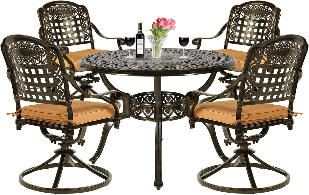 5-Piece Cast Aluminum Outdoor Patio Dining Set with 4 Swivel Chairs and Round Table A49358