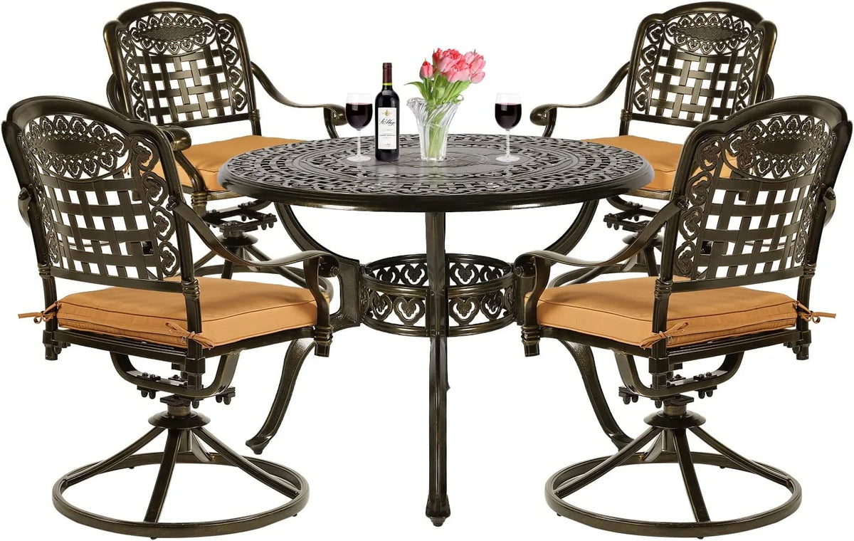 5-Piece Cast Aluminum Outdoor Patio Dining Set with 4 Swivel Chairs and Round Table A49358