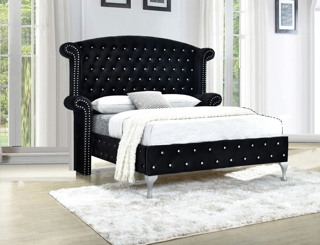 Black Velvet 4Pc Queen Size Bed Dresser Mirror Nightstand Set H8622
