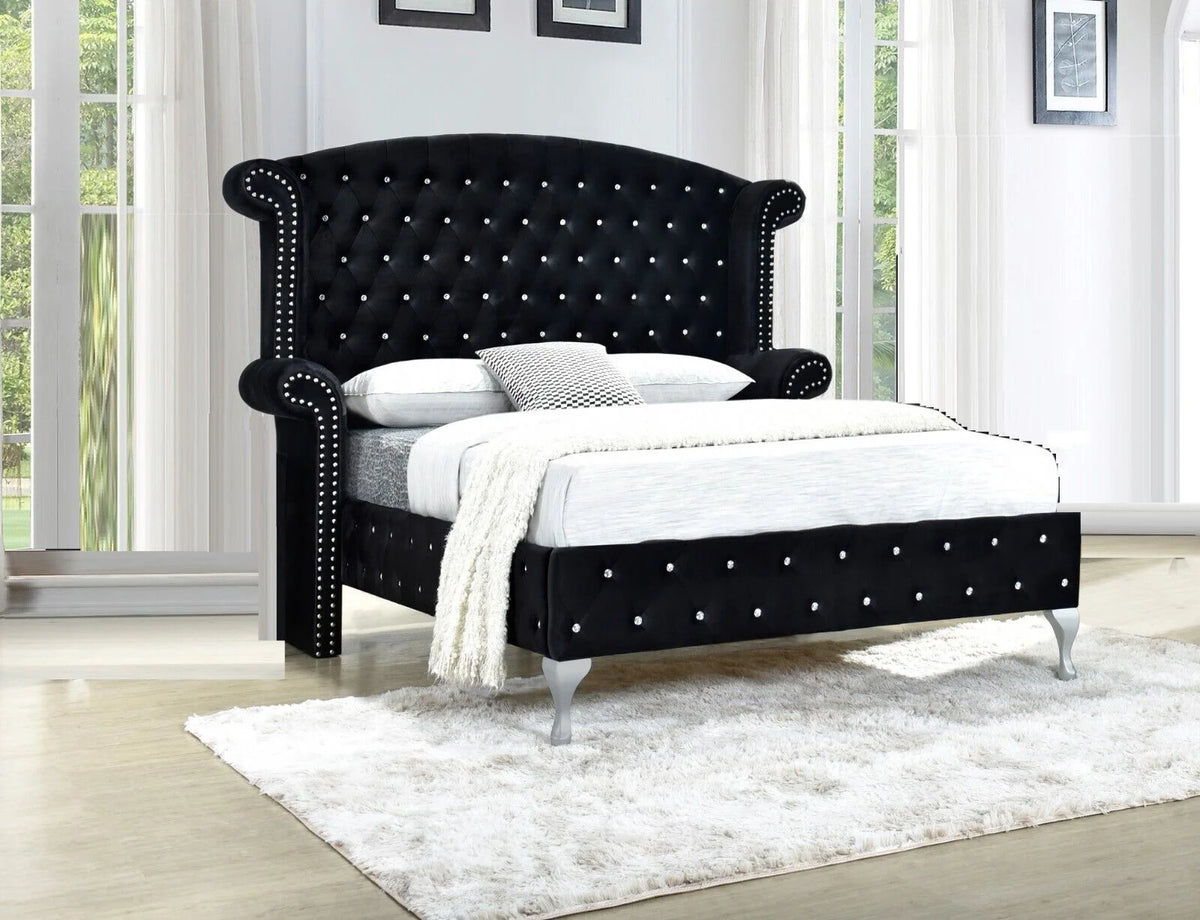 Black Velvet 4Pc Queen Size Bed Dresser Mirror Nightstand Set H8622