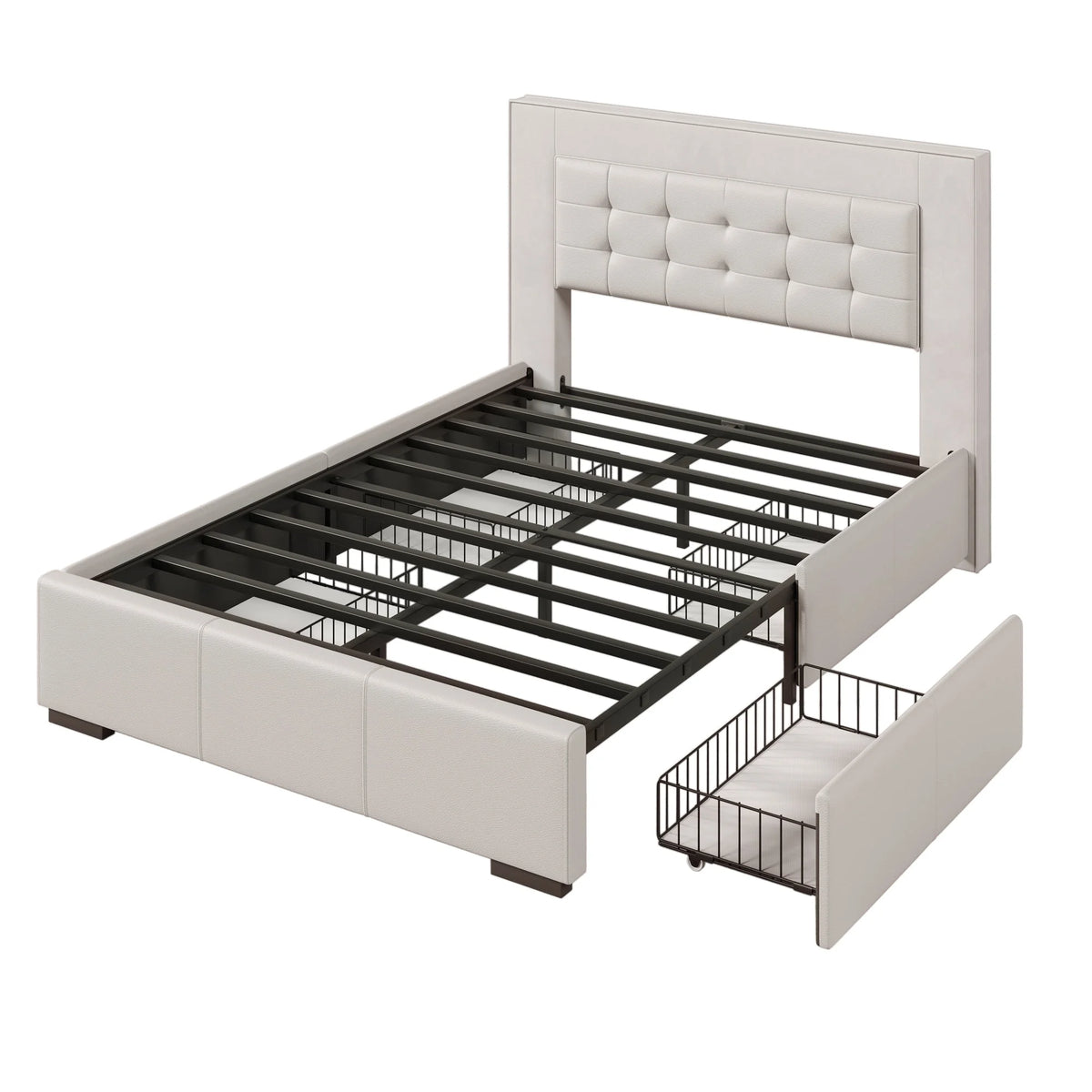 Queen Platform Bed Frame with Four Drawers Beige S9180