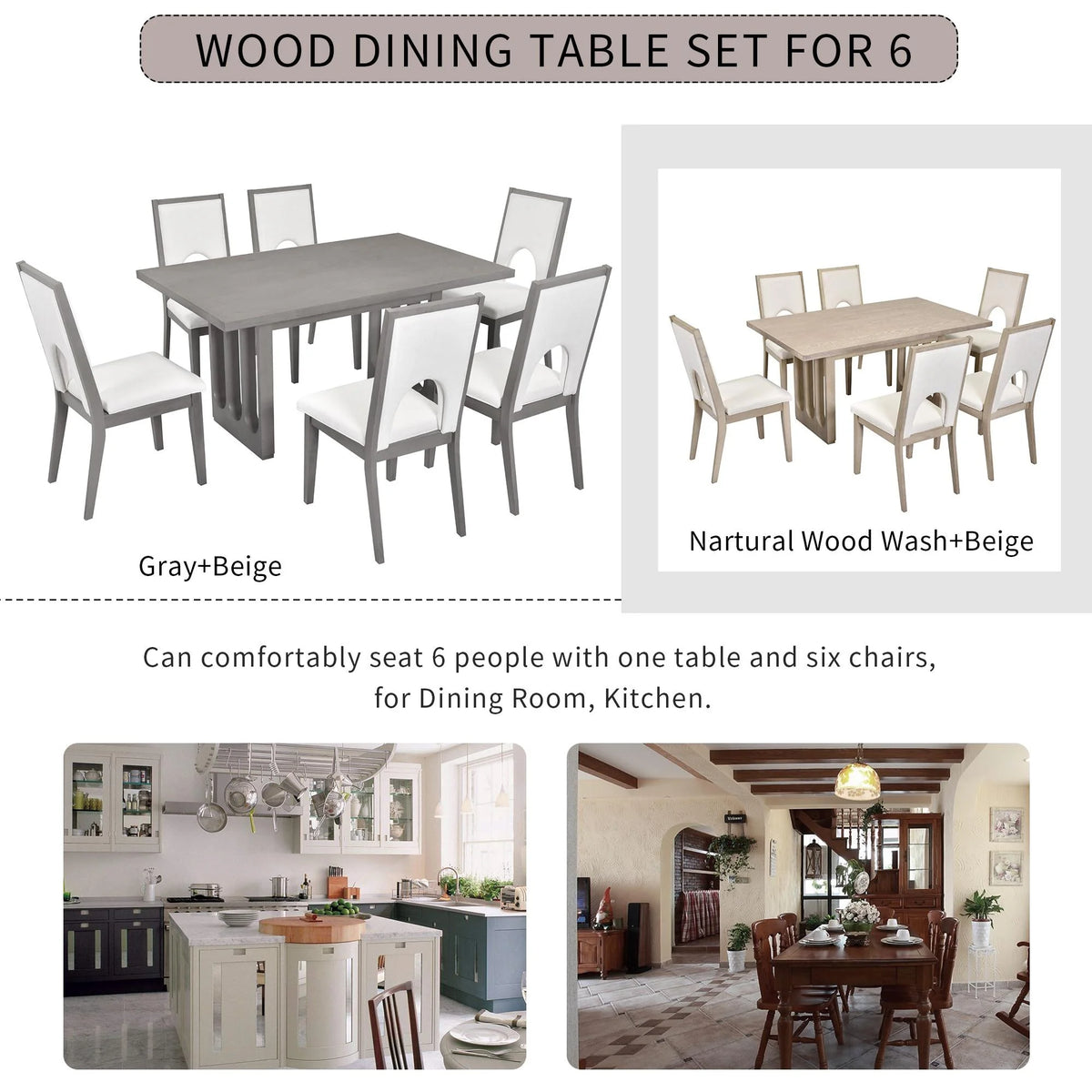 Wood 7 Piece Dining Table Set with 6 Beige Cushioned Chairs F410
