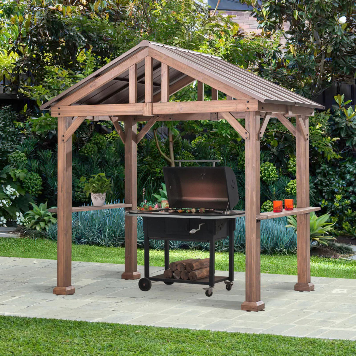 9 ft. x 6 ft. Cedar Wood Hardtop Grill Gazebo P16625