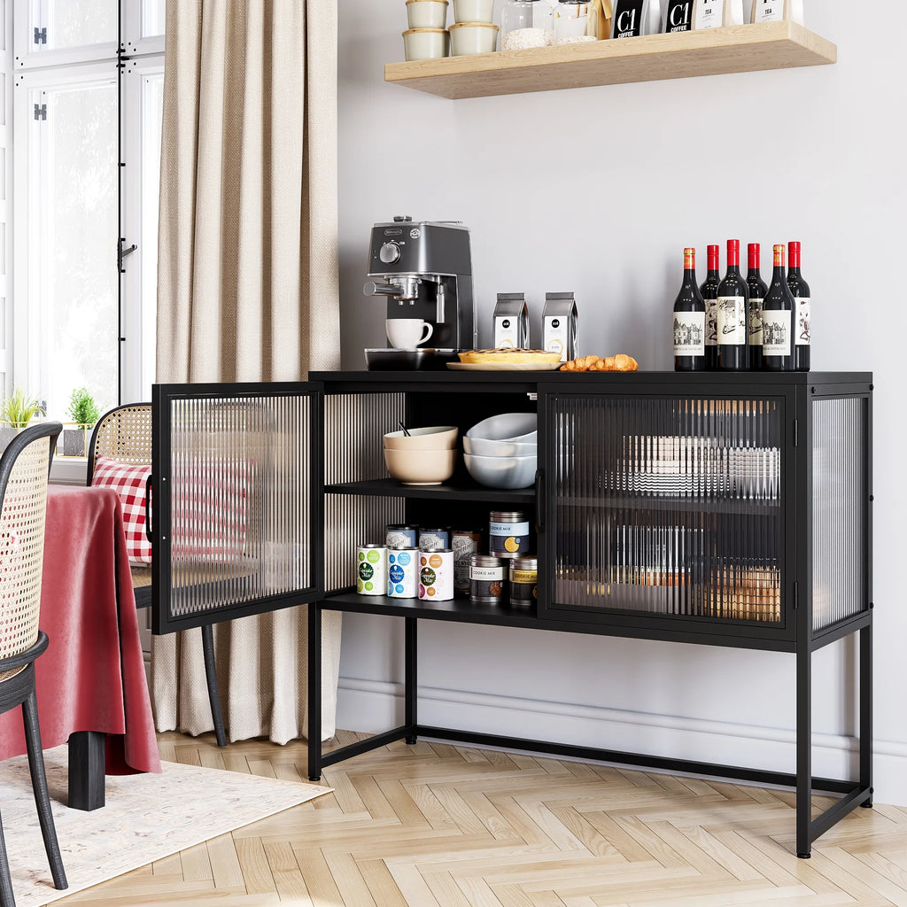 Black Fluted Glass Sideboard Storage Cabinet W198