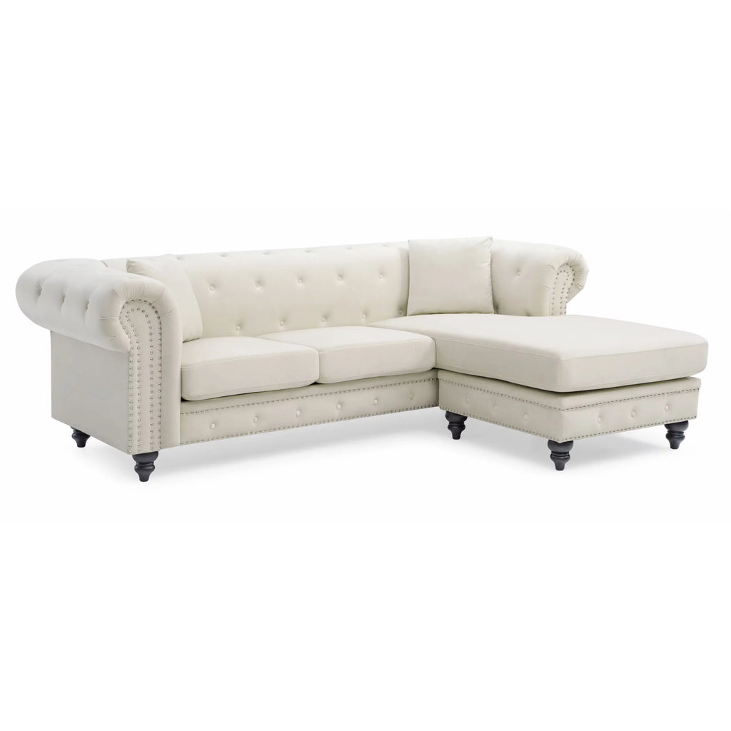 Ivory Velvet 3-Seater Sofa with 2 Throw Pillows Z88748