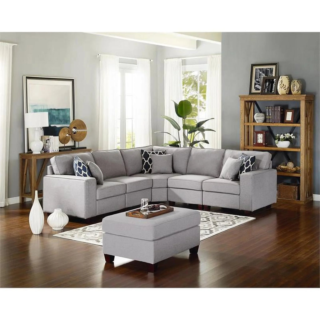 Light Gray 6-PC Fabric Modular Sectional Sofa with Ottoman O866