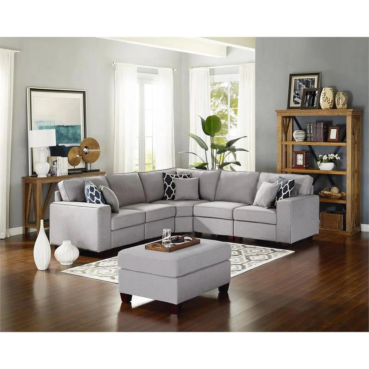 Light Gray 6-PC Fabric Modular Sectional Sofa with Ottoman O866