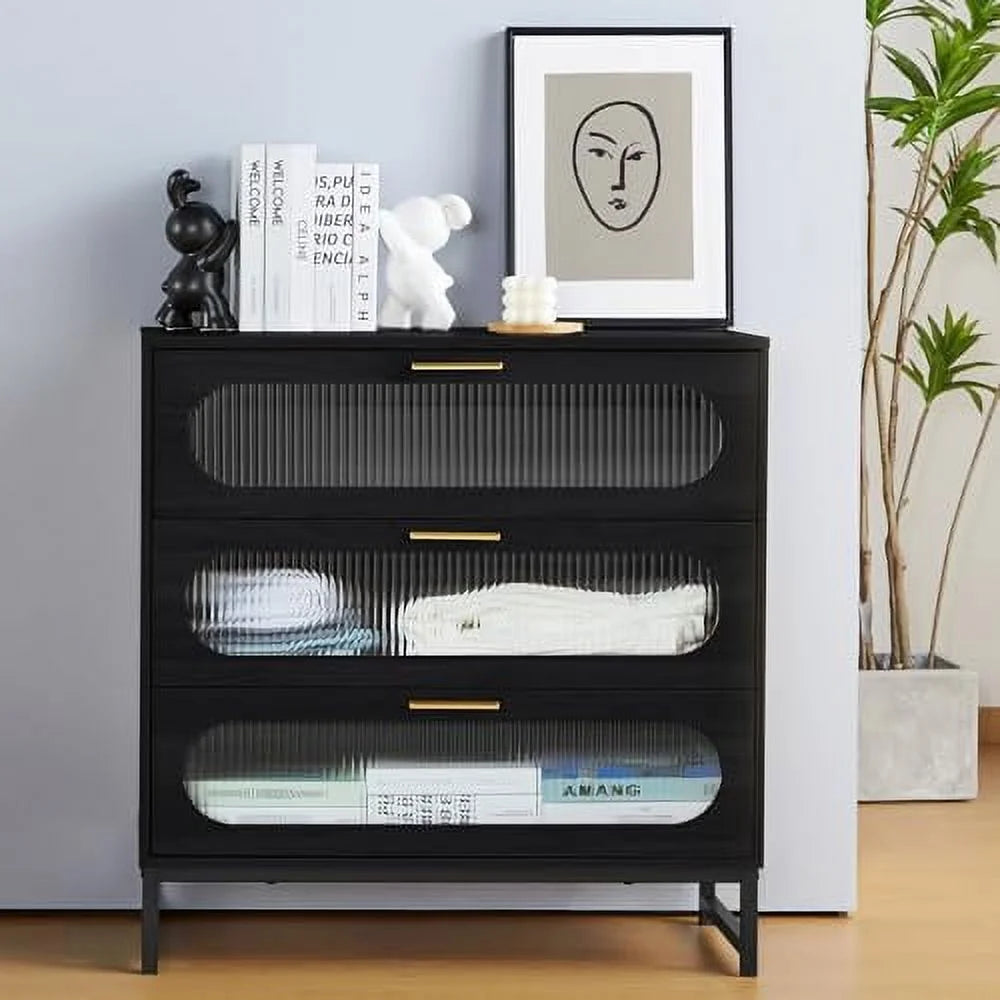 3 Drawer Tempered Glass Wood Dresser E75362