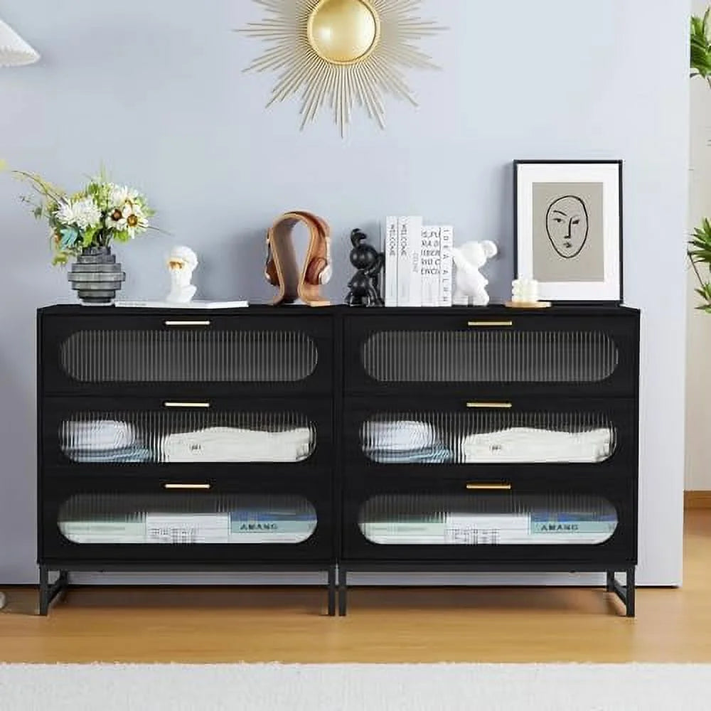 3 Drawer Tempered Glass Wood Dresser E75362