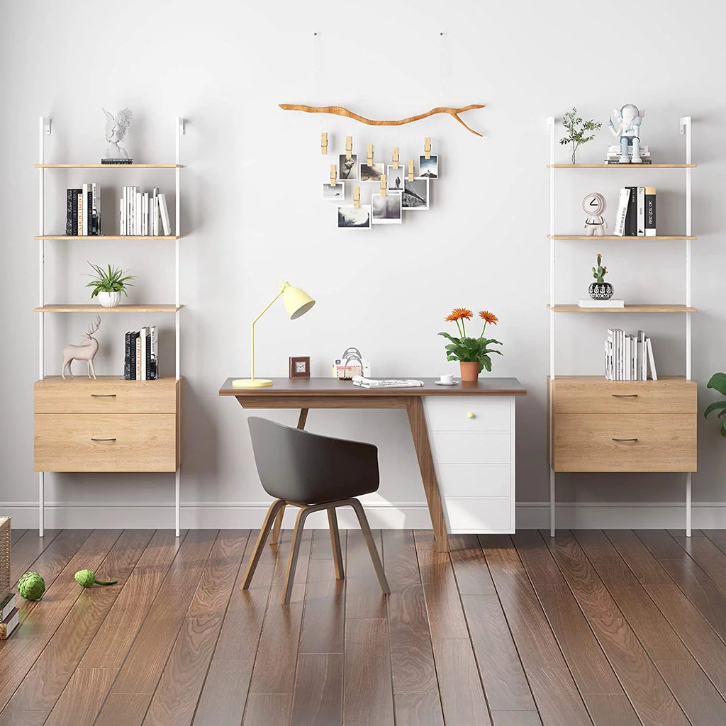 Wood Bookshelf with Drawers and Steel Frame Q8840