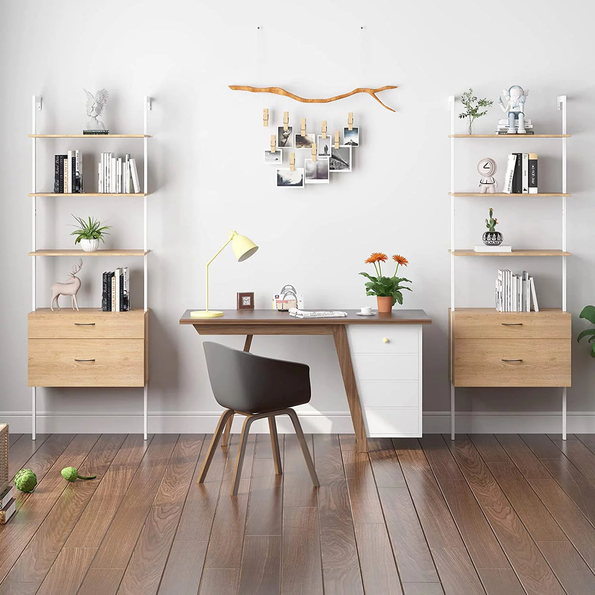 Wood Bookshelf with Drawers and Steel Frame Q8840