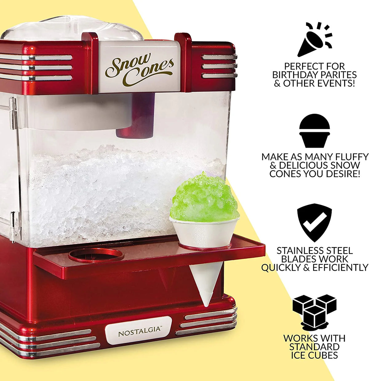 Retro Red Countertop Snow Cone Maker with 2 Reusable Plastic Cups & Ice Scoop U151639
